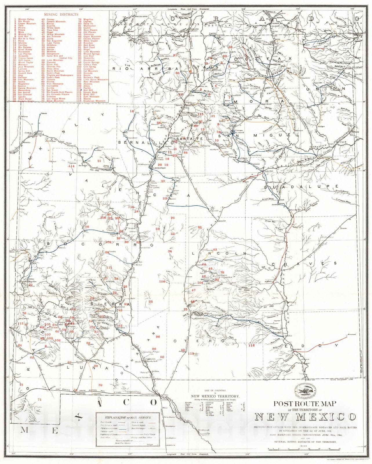 Historic Map : 1901 Post Route Map of the Territory of New Mexico : Vintage Wall Art