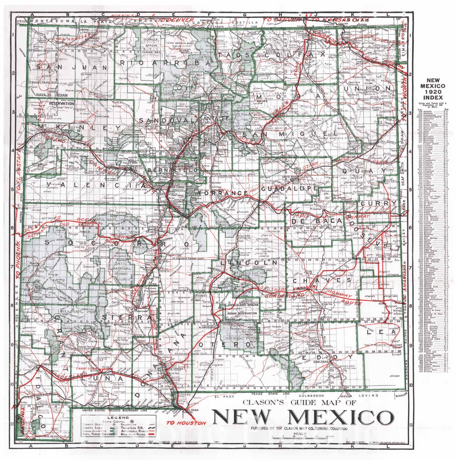 Historic Map : 1920 Clason's Guide Map of New Mexico : Vintage Wall Art