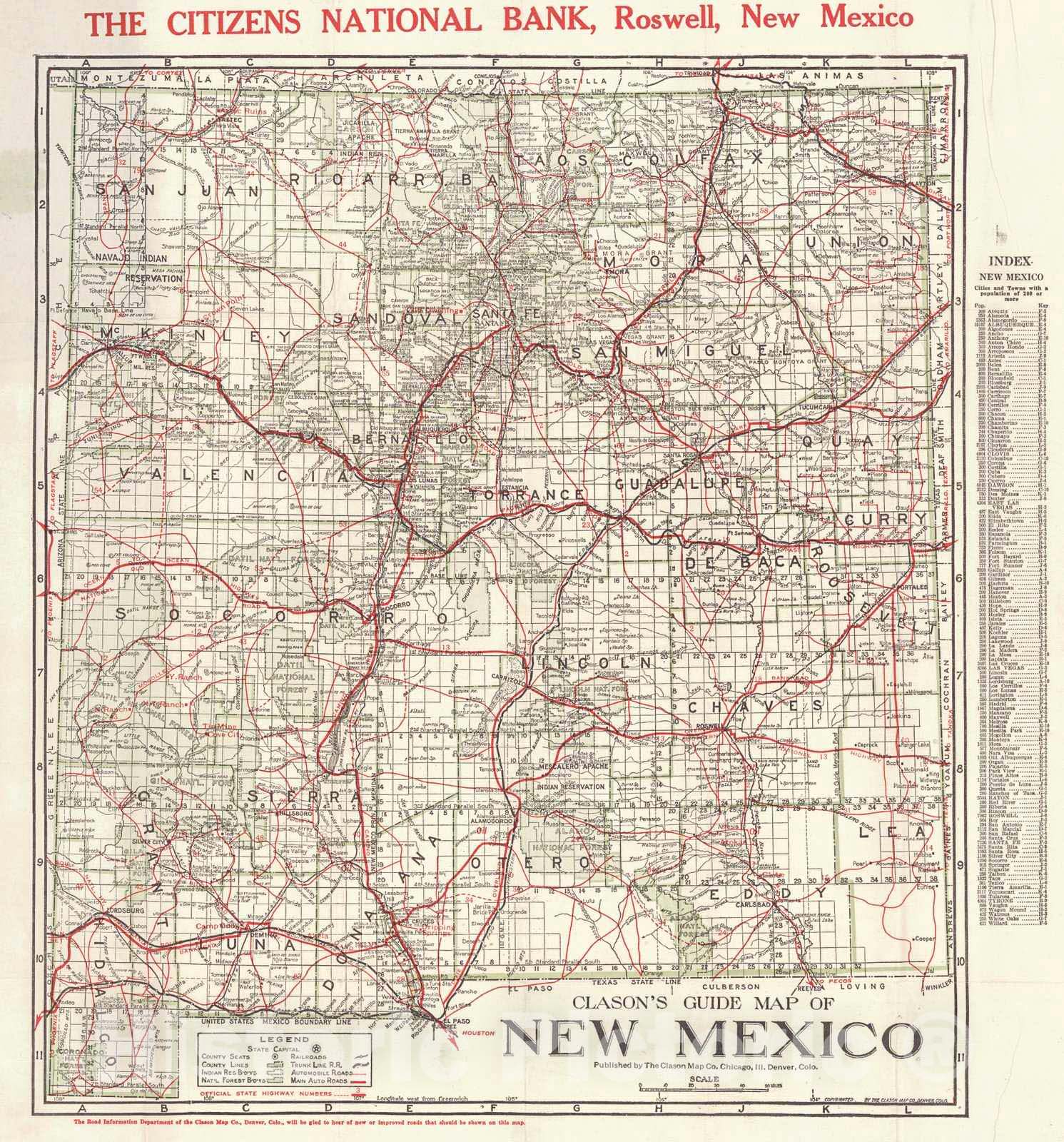 Historic Map : 1922 Clason's Guide Map of New Mexico : Vintage Wall Art
