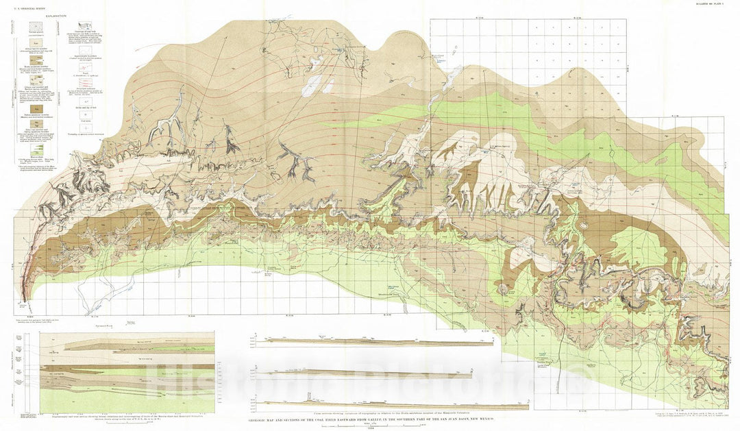 Historic Map : 1934 Geologic map and sections of the coal field eastward from Gallup, in the southern part of the San Juan Basin, New Mexico : Vintage Wall Art