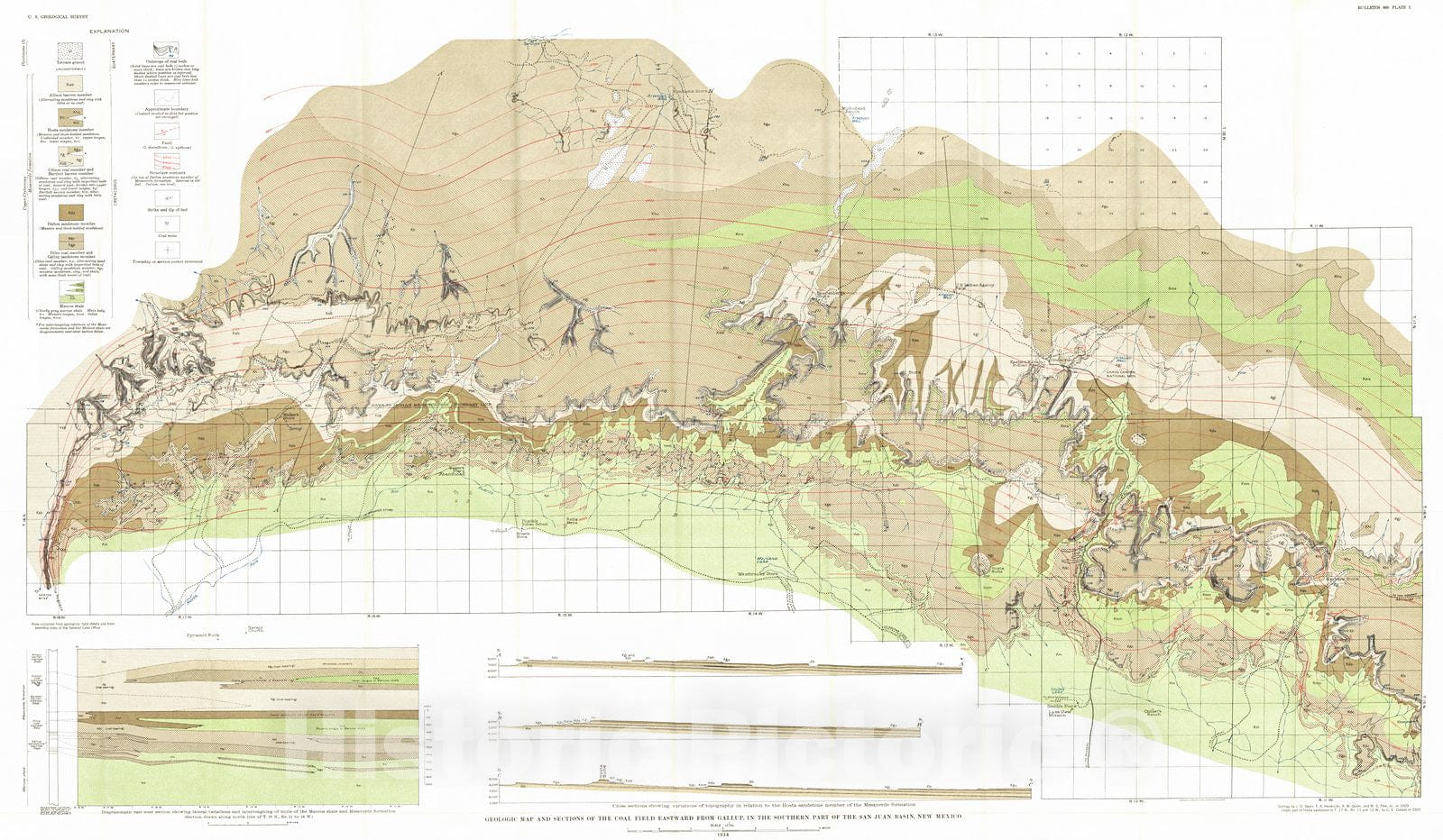 Historic Map : 1934 Geologic map and sections of the coal field eastward from Gallup, in the southern part of the San Juan Basin, New Mexico : Vintage Wall Art