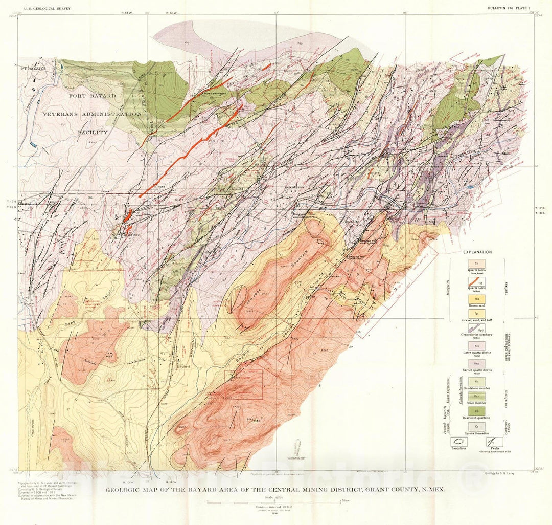 Historic Map : 1936 Geologic map of the Bayard Area of the Central Mining District, Grant County, N. Mex. : Vintage Wall Art