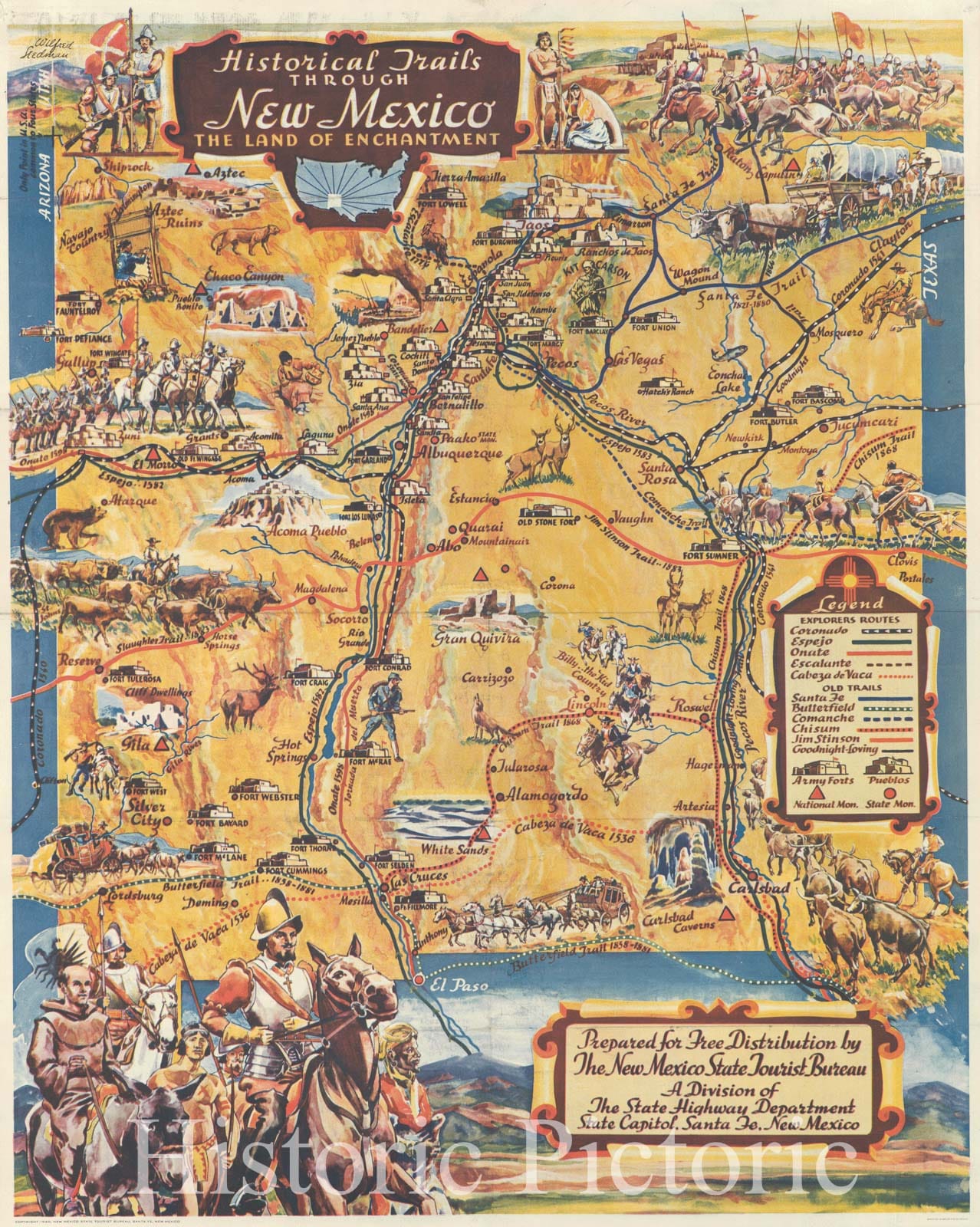 Historic Map : 1940 Historical Trails Through New Mexico The Land of Enchantment : Vintage Wall Art