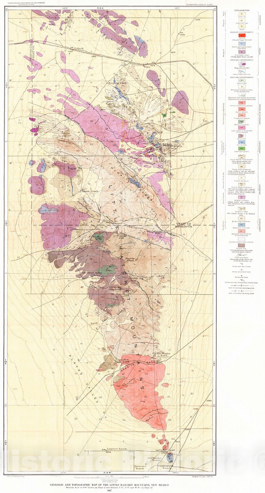 Historic Map : 1947 Geologic and topographic map of the Little Hatchet Mountains, New Mexico : Vintage Wall Art