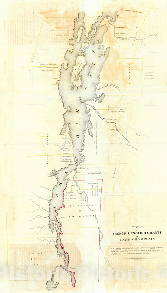 Historic Map : 1849 Map of French and English Grants on Lake Champlain : Vintage Wall Art