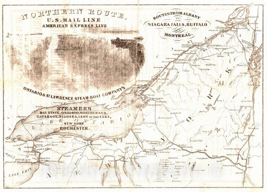 Historic Map : 1850 Northern Route U.S. Mail Line and American Express Line - Routes from Albany to Niagara Falls, Buffalo and Montreal : Vintage Wall Art