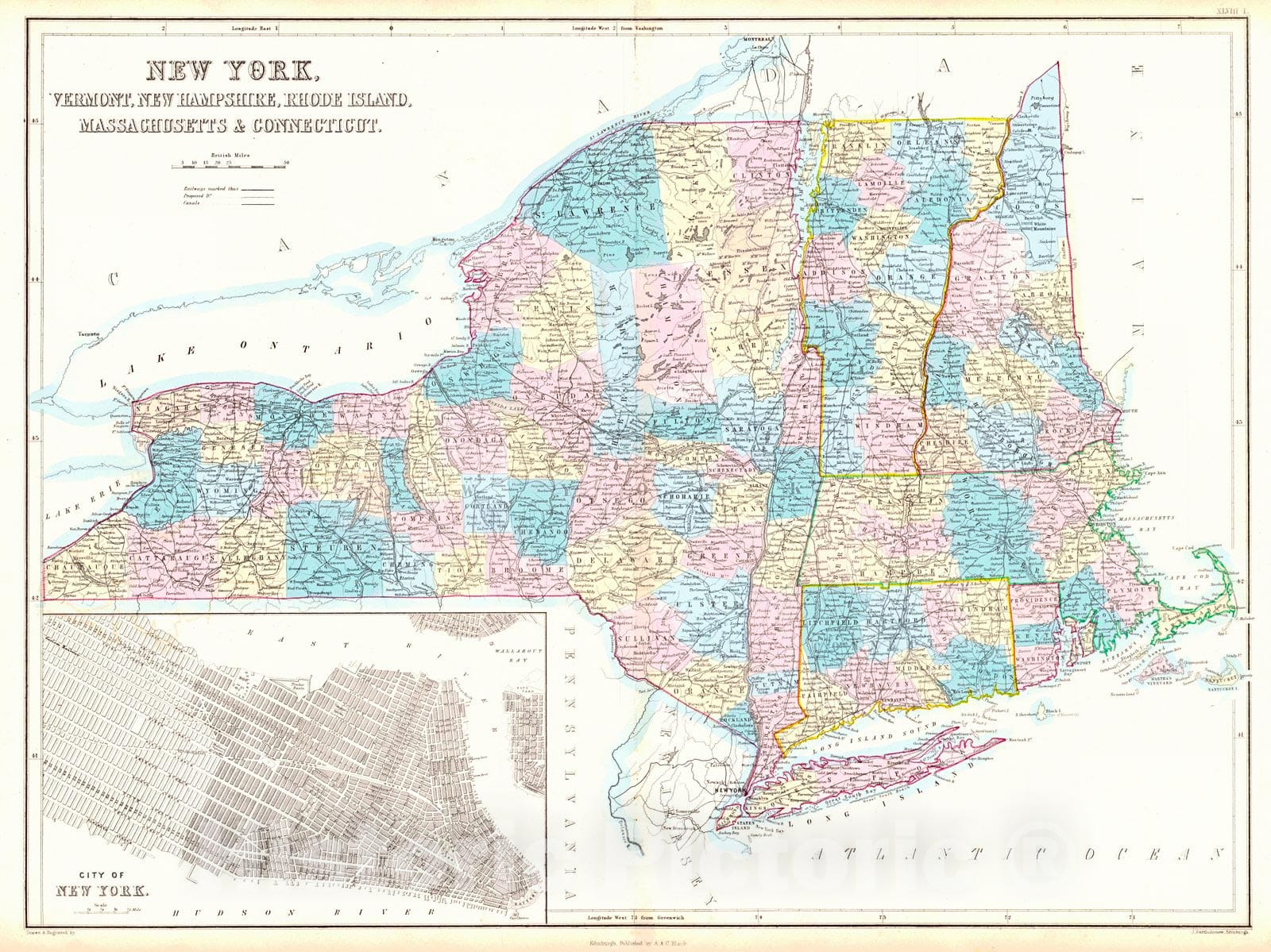 Historic Map : 1854 New York, Vermont, New Hampshire, Rhode Island, Massachusetts, and Connecticut : Vintage Wall Art