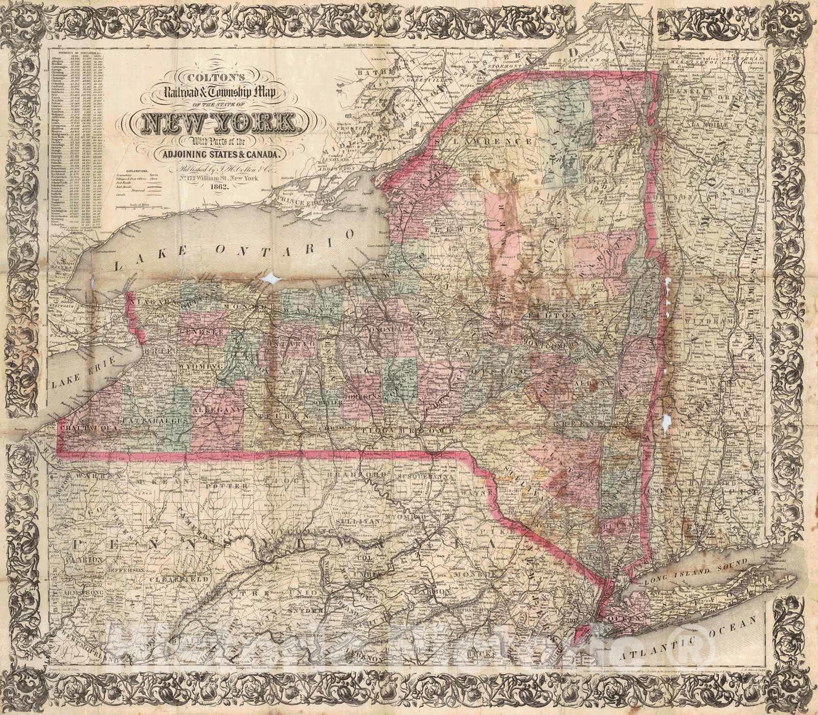 Historic Map : 1862 Colton;s Railroad and Township Map of the State of New York with Parts of the Adjoining States and Canada  : Vintage Wall Art