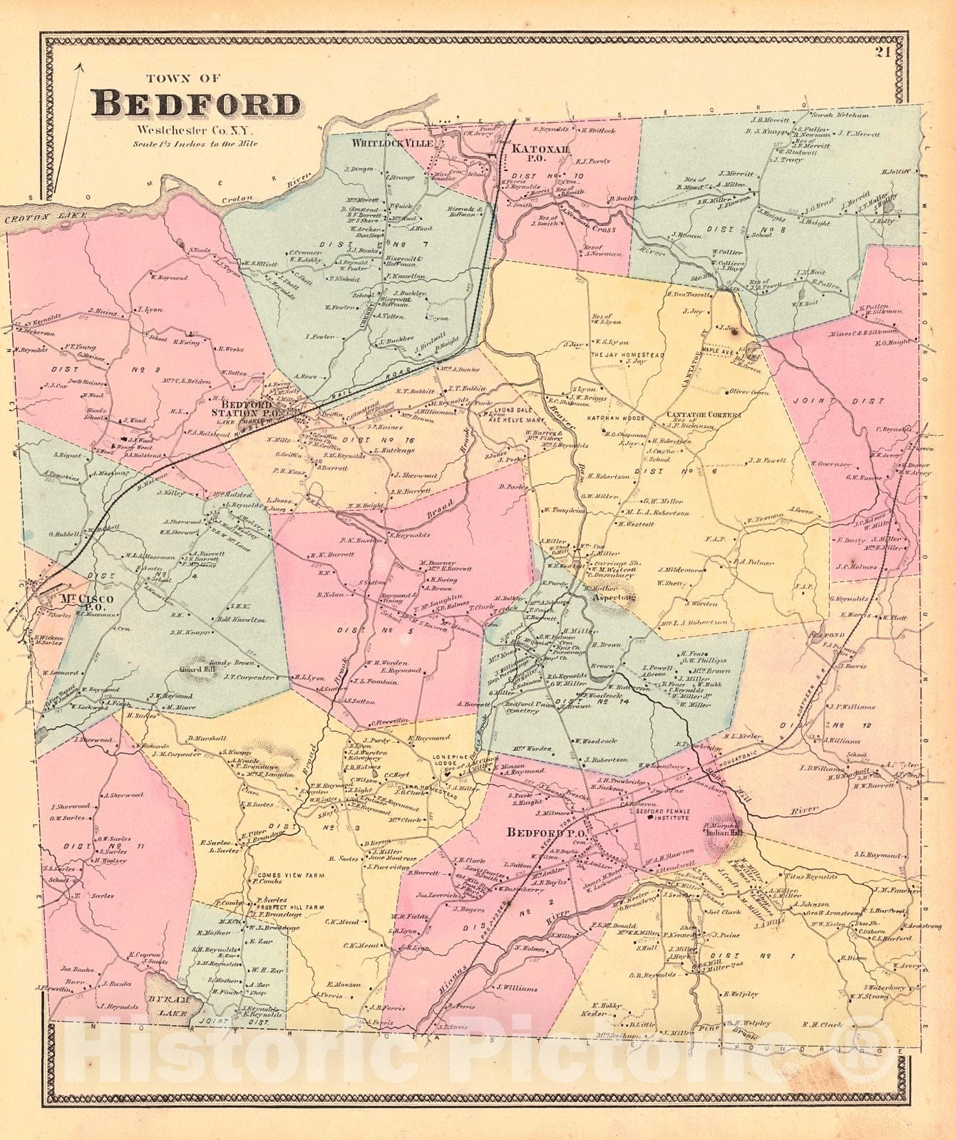 Historic Map : 1867 Town of Bedford, Westchester County, New York : Vintage Wall Art