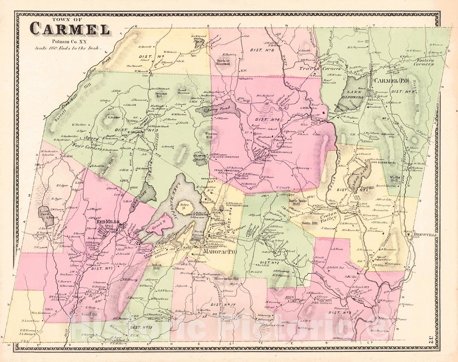 Historic Map : 1867 Town of Carmel, Putnam County, New York : Vintage Wall Art