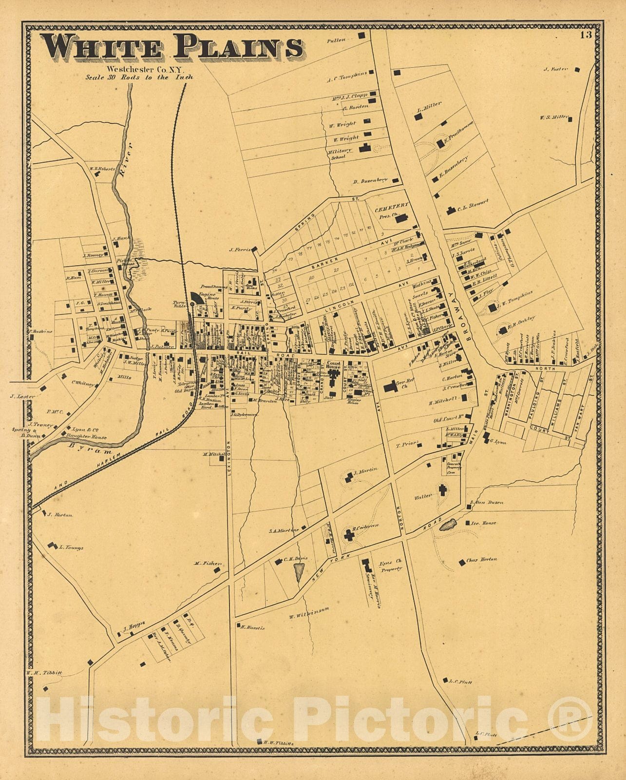 Historic Map : 1867 The Town of White Plains, Westchester County, New York : Vintage Wall Art