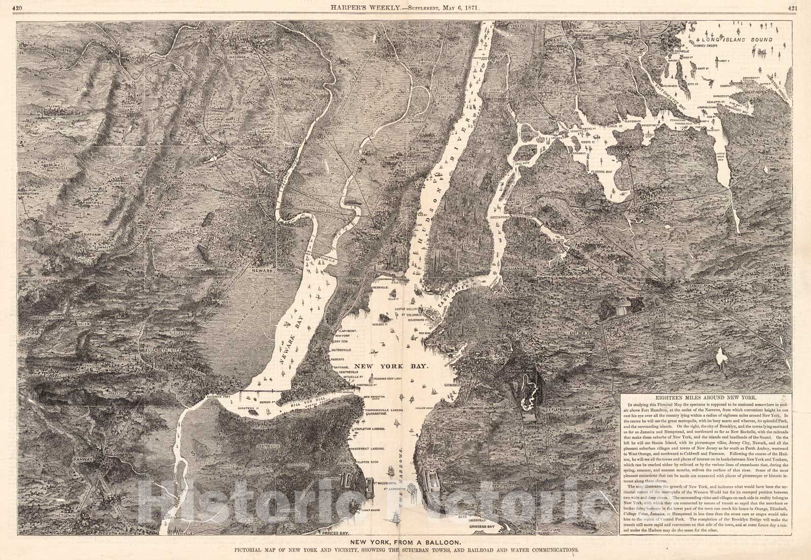 Historic Map : 1871 New York from a Balloon : Vintage Wall Art