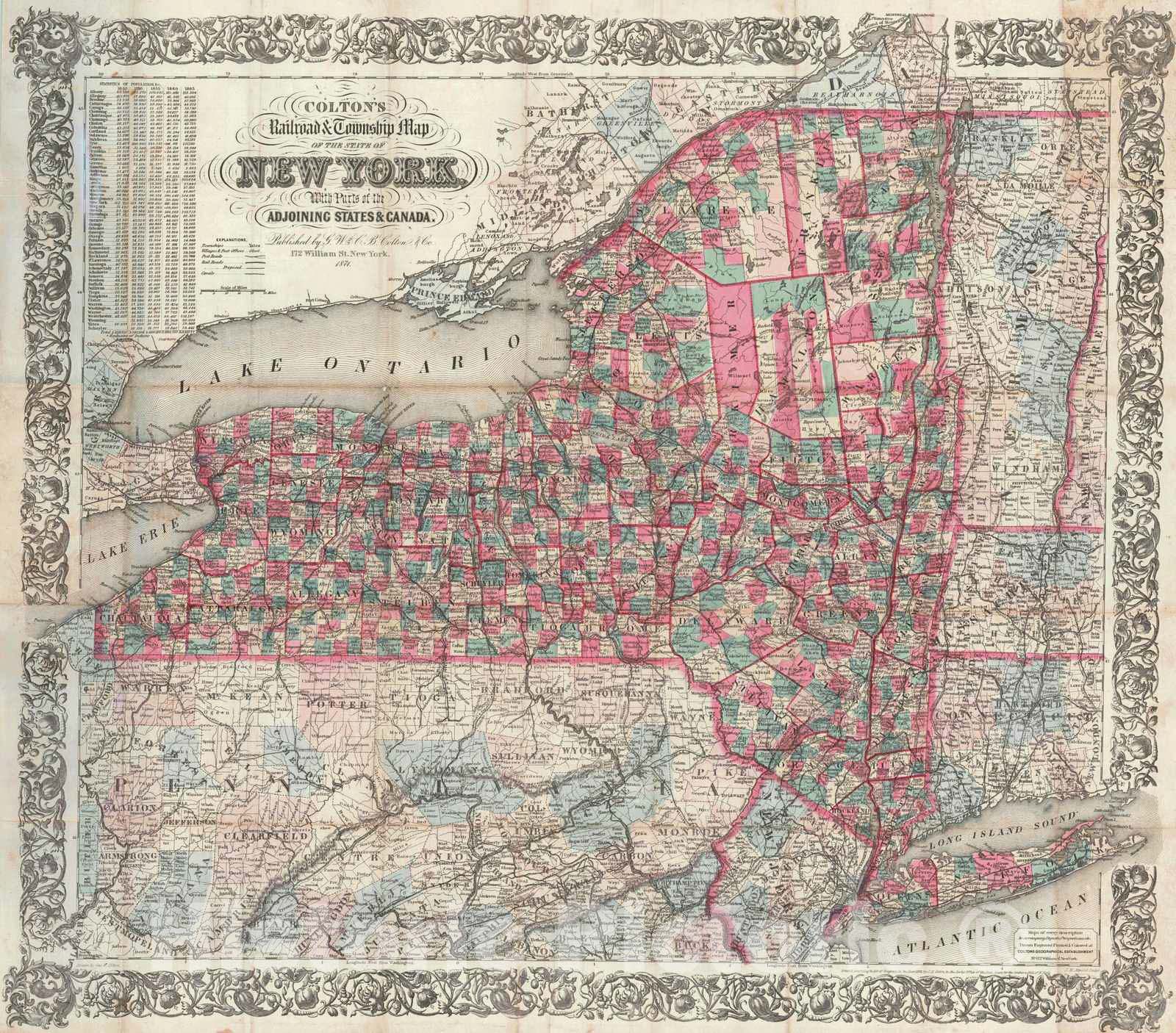 Historic Map : 1871 Colton's Railroad and Township Map of the State of New York with Parts of the Adjoining States and Canada : Vintage Wall Art