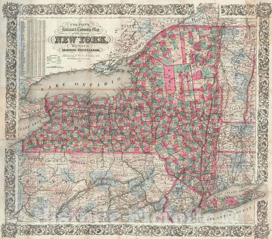 Historic Map : 1871 Colton's Railroad and Township Map of the State of New York with Parts of the Adjoining States and Canada : Vintage Wall Art