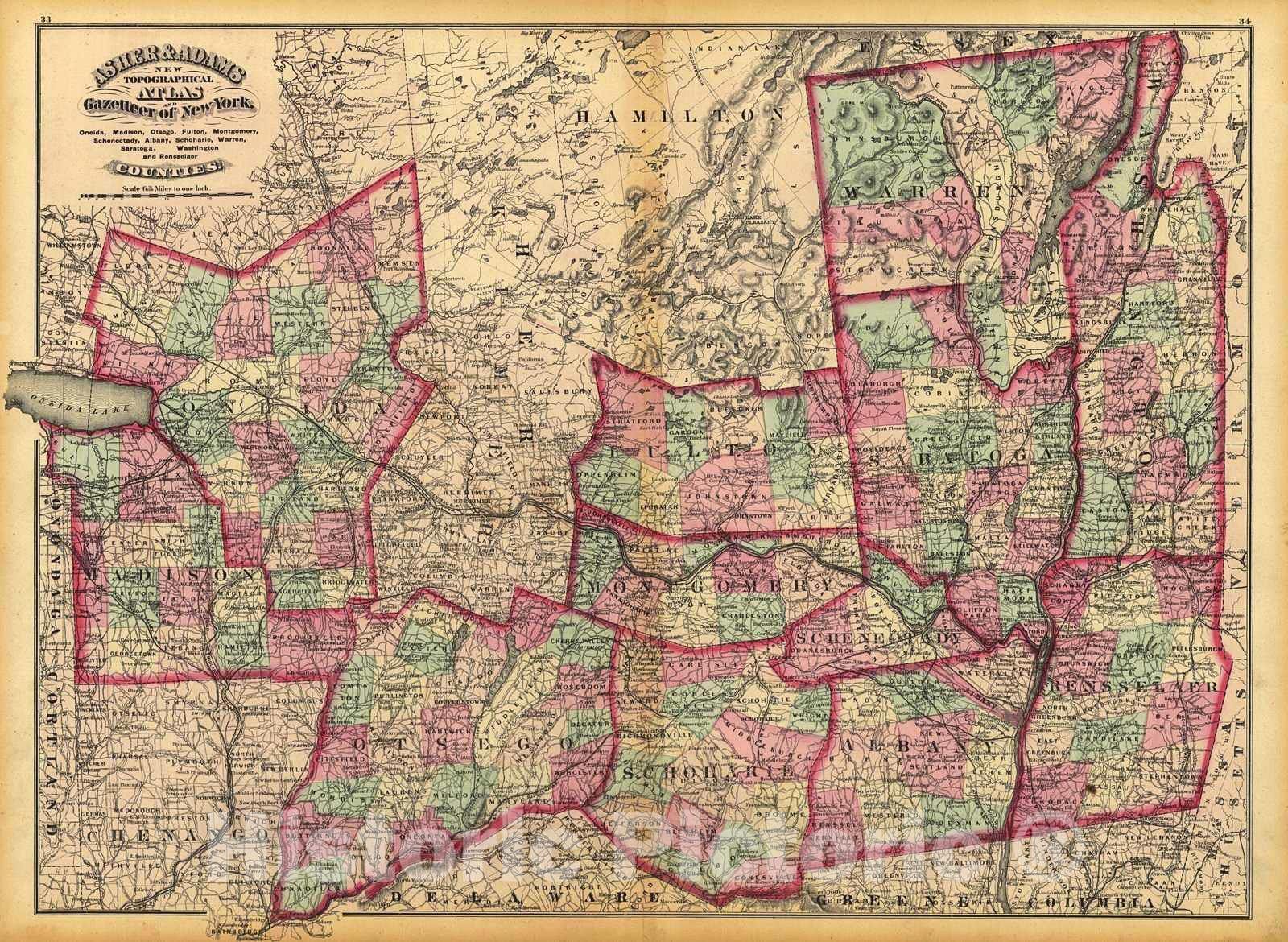 Historic Map : 1871 Oneida, Madison, Otsego, Fulton, Montgomery, Schenectady, Albany, Schoharie, Warren, Saratoga, Washington and Rensselaer Counties : Vintage Wall Art