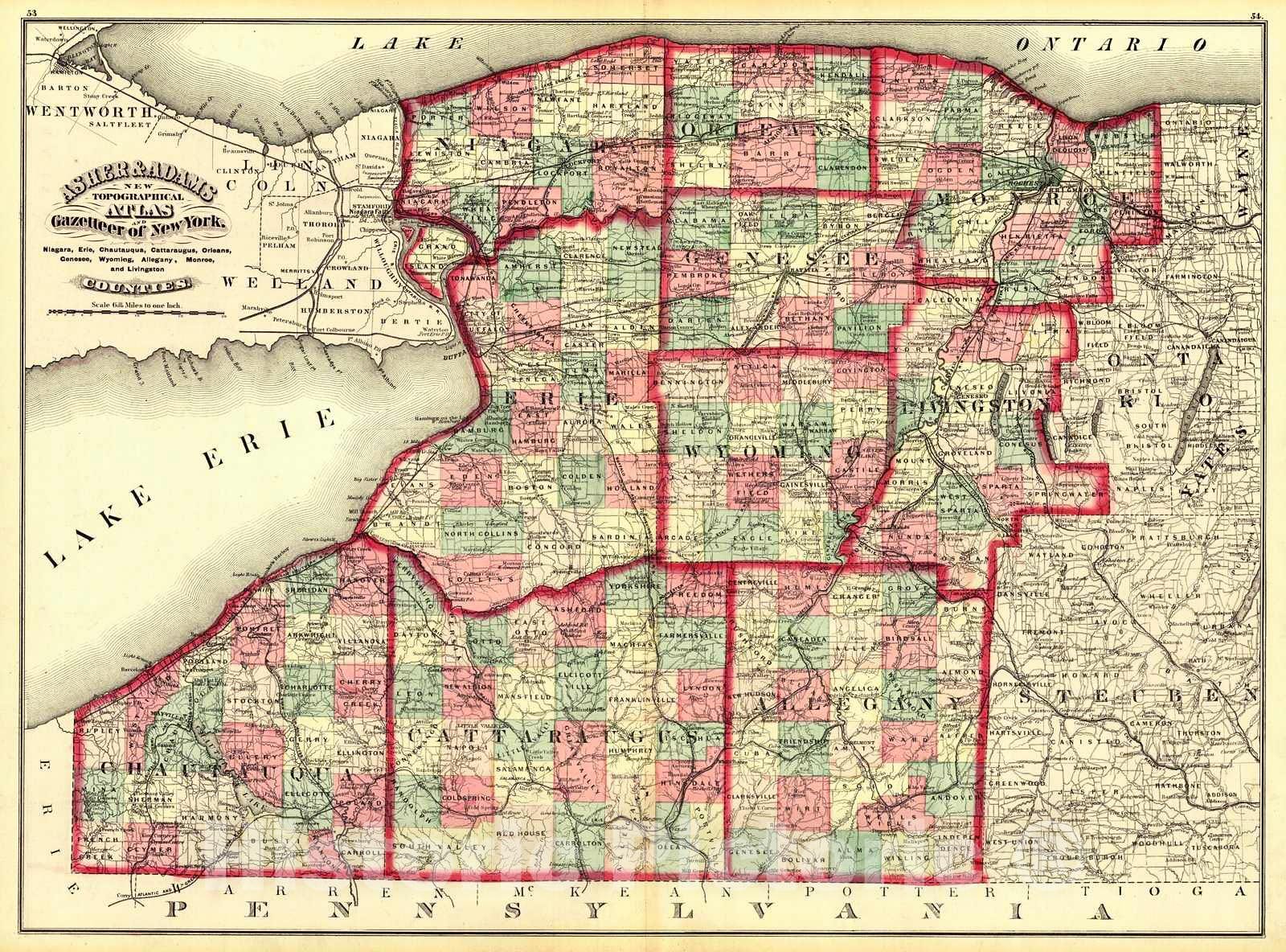 Historic Map : 1871 Niagara, Erie, Chautauqua, Cattaraugus, Orleans, Genesee, Wyoming, Allegany, Monroe and Livingston Counties : Vintage Wall Art