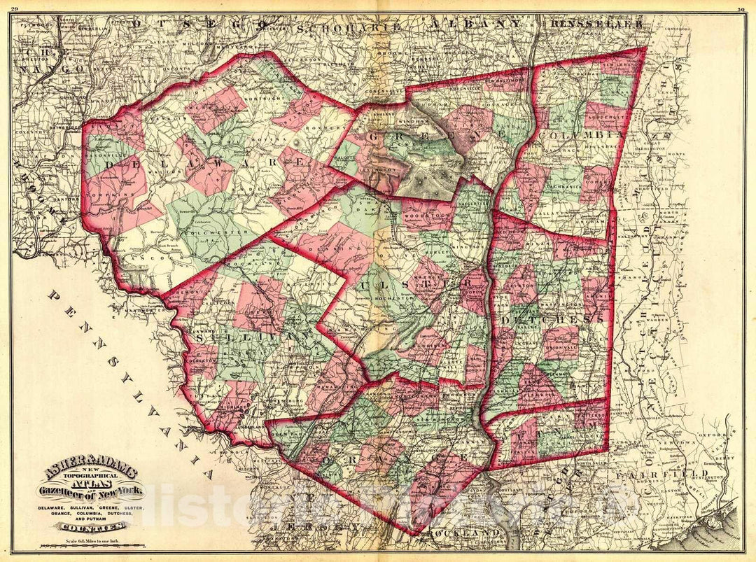 Historic Map : 1871 Delaware, Sullivan, Greene, Ulster, Orange, Columbia, Dutchess and Putnam Counties : Vintage Wall Art