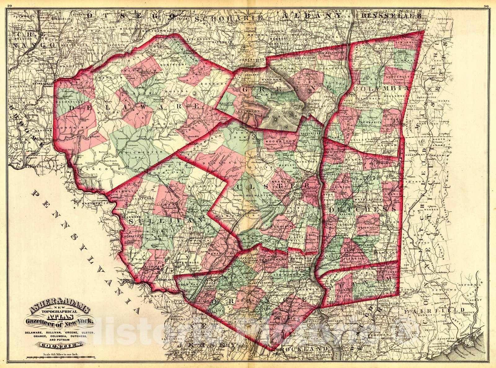 Historic Map : 1871 Delaware, Sullivan, Greene, Ulster, Orange, Columbia, Dutchess and Putnam Counties : Vintage Wall Art