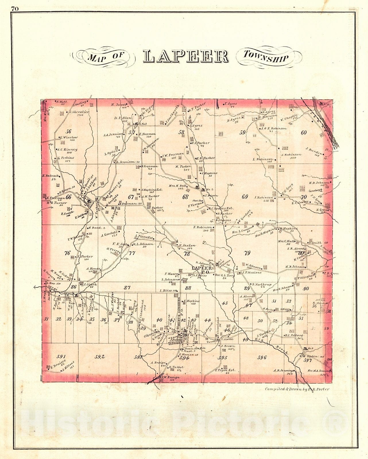 Historic Map : 1876 Map of Lapeer Township : Vintage Wall Art