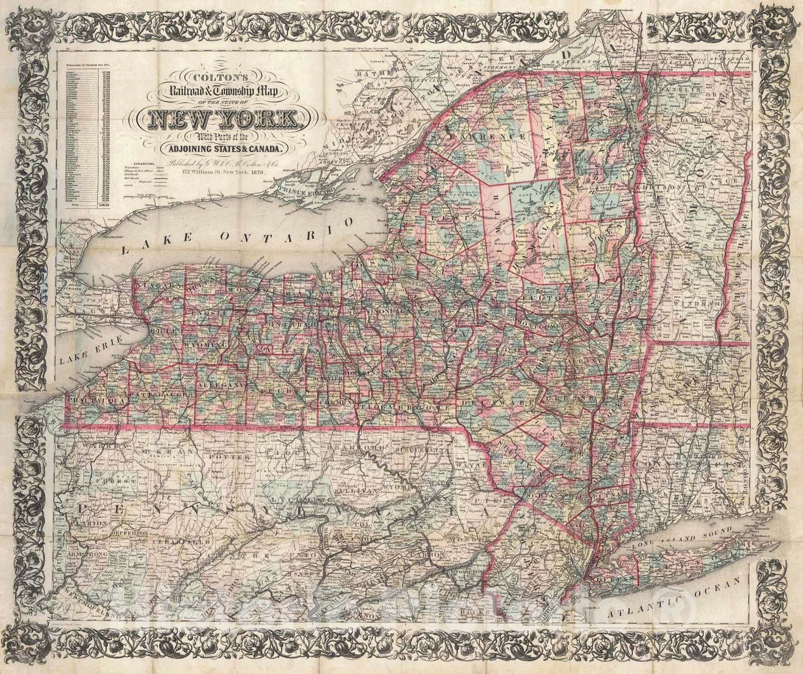 Historic Map : 1879 Colton's Railroad and Township Map of the State of New York with Parts of the Adjoining States and Canada  : Vintage Wall Art