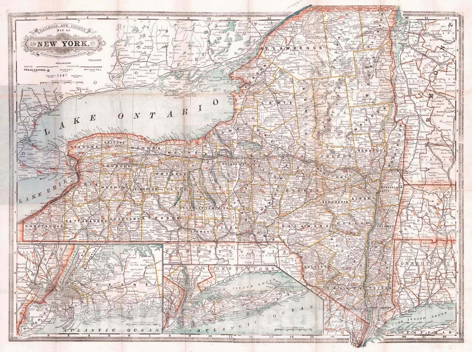 Historic Map : 1883 Railroad and County Map of New York  : Vintage Wall Art