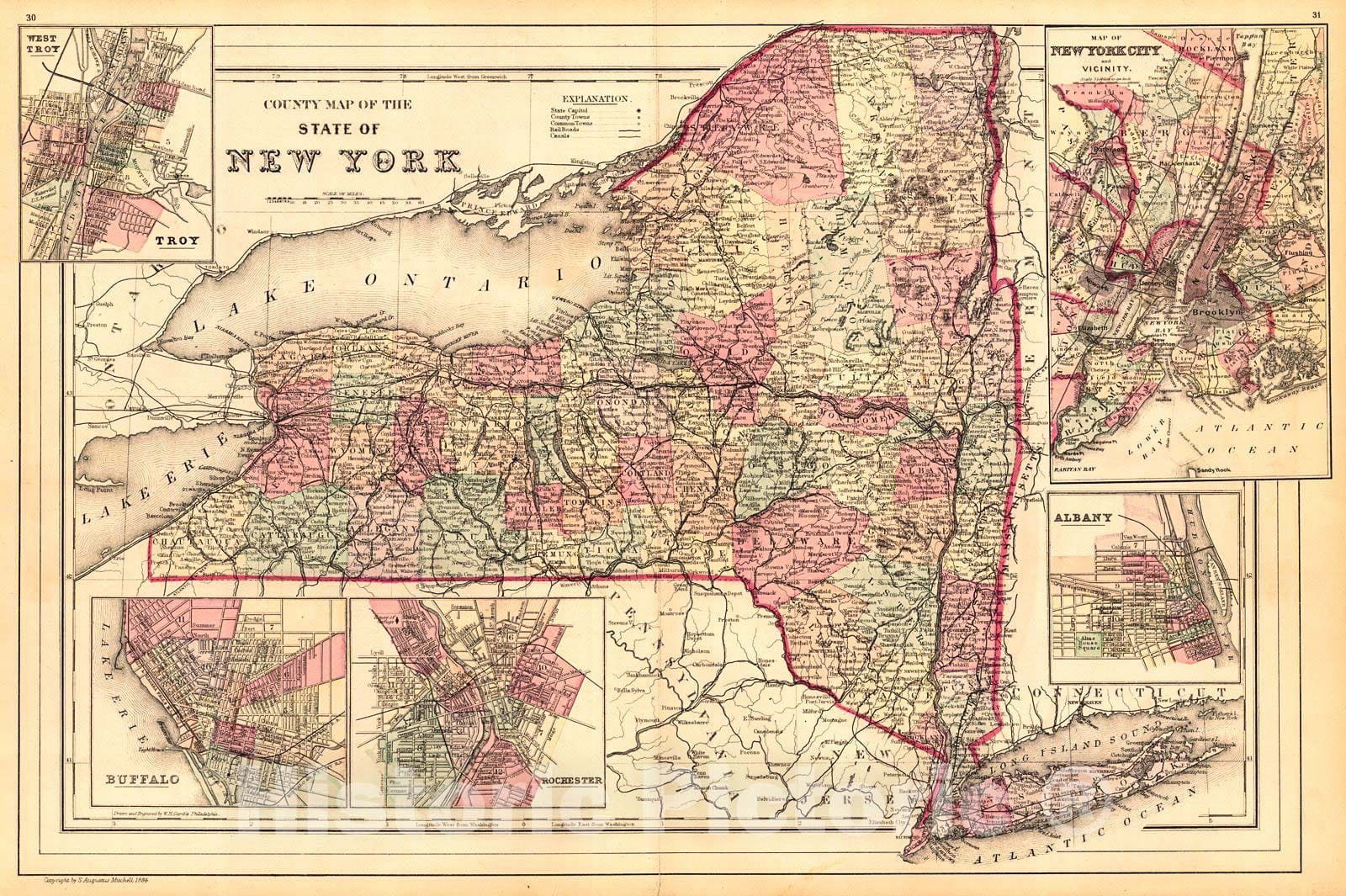 Historic Map : 1884 County Map of the State of New York  : Vintage Wall Art