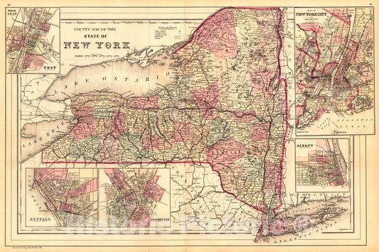 Historic Map : 1884 County Map of the State of New York  : Vintage Wall Art