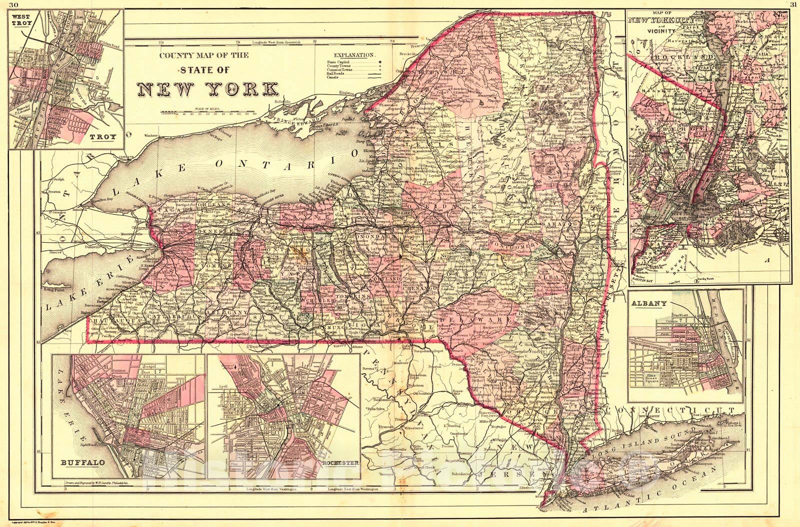 Historic Map : 1887 County Map of the State of New York  : Vintage Wall Art