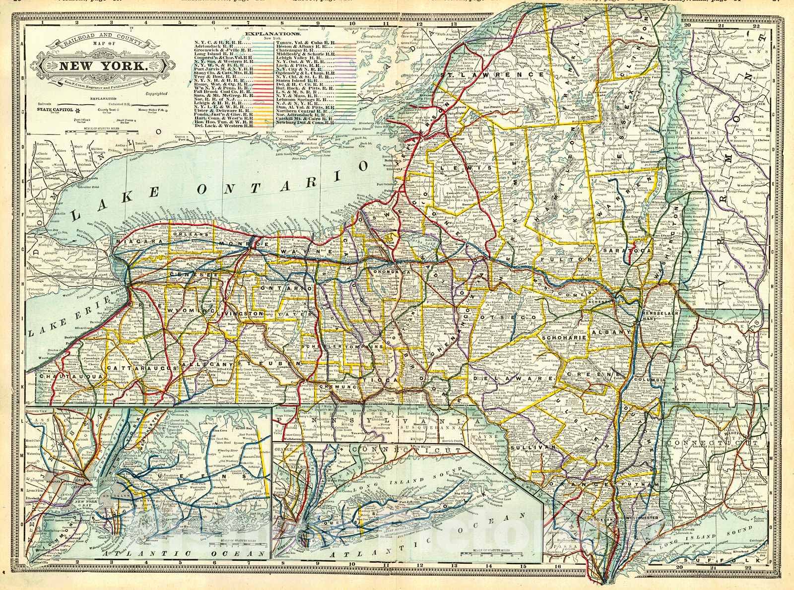 Historic Map : 1887 Railroad and County Map of New York  : Vintage Wall Art