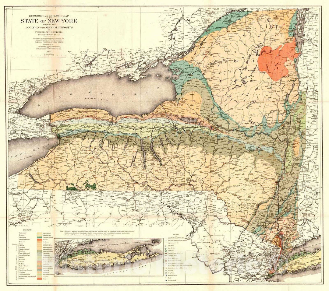 Historic Map : 1894 Economic and Geological Map of the State of New York Showing the Location of Its Mineral Deposits : Vintage Wall Art