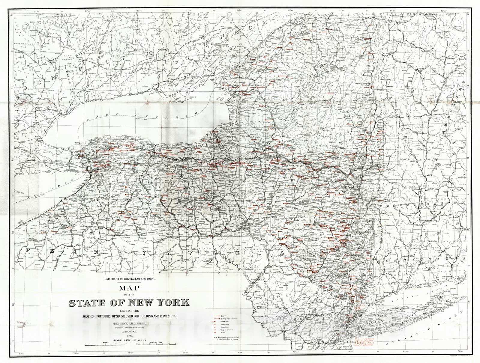 Historic Map : 1897 Map of the State of New York Showing the location of Quarries of Stone used for building and road metal : Vintage Wall Art