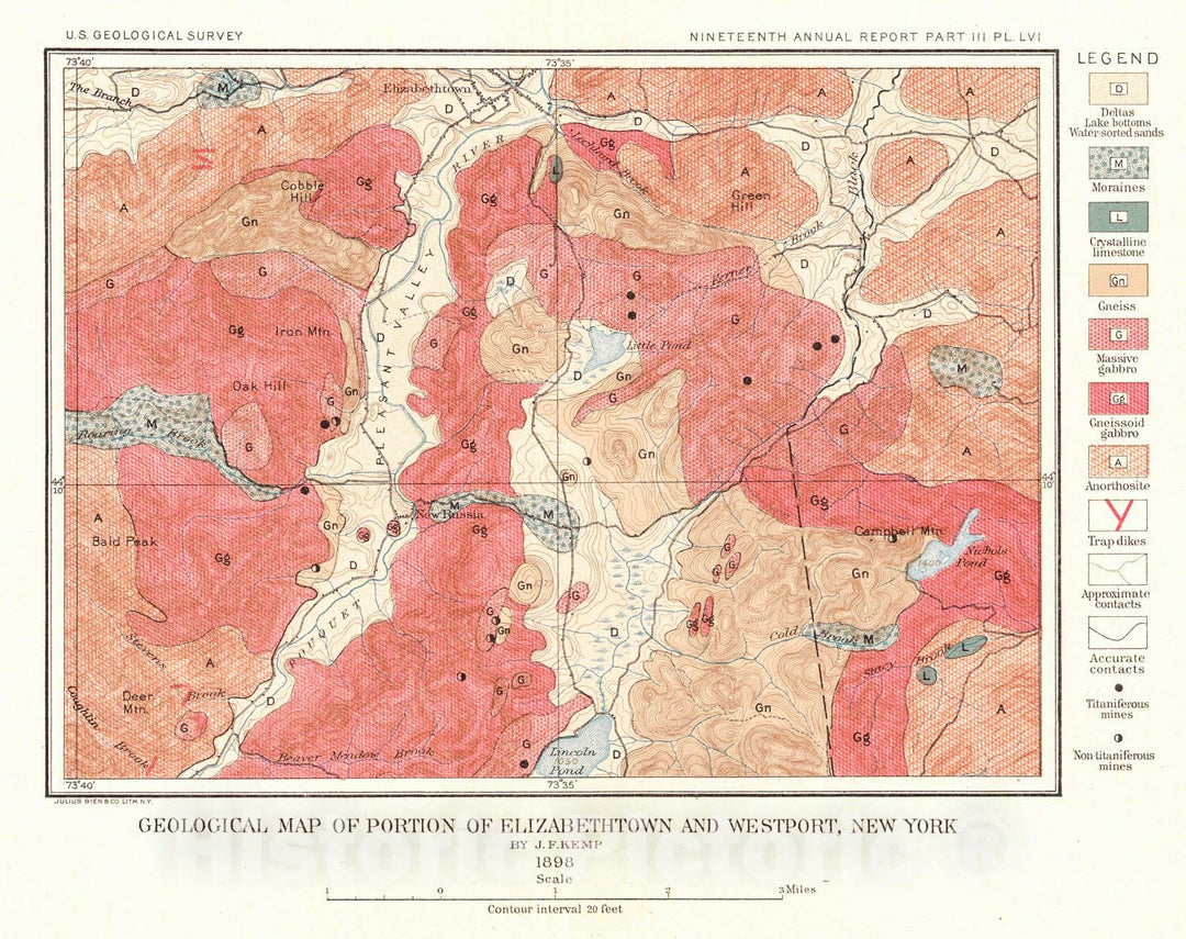 Historic Map : 1898 Geological Map of Portion of Elizabethtown and Westport, New York : Vintage Wall Art
