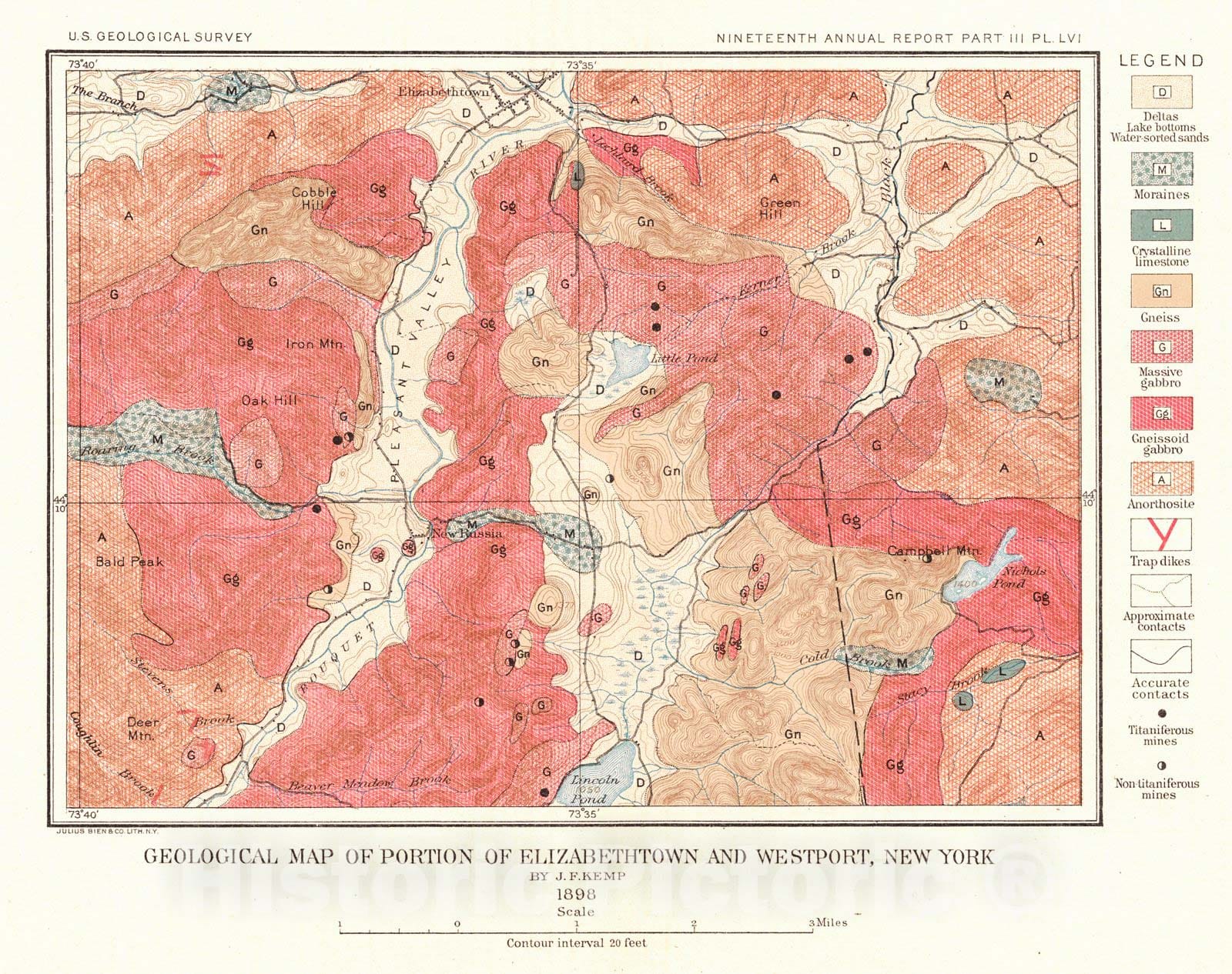 Historic Map : 1898 Geological Map of Portion of Elizabethtown and Westport, New York : Vintage Wall Art