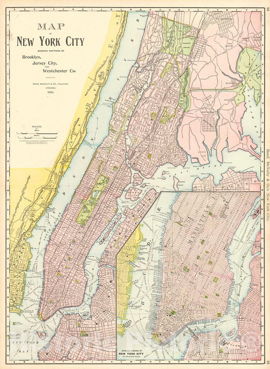 Historic Map : 1900 Map of New York City showing portions of Brooklyn, Jersey City & Westchester County : Vintage Wall Art