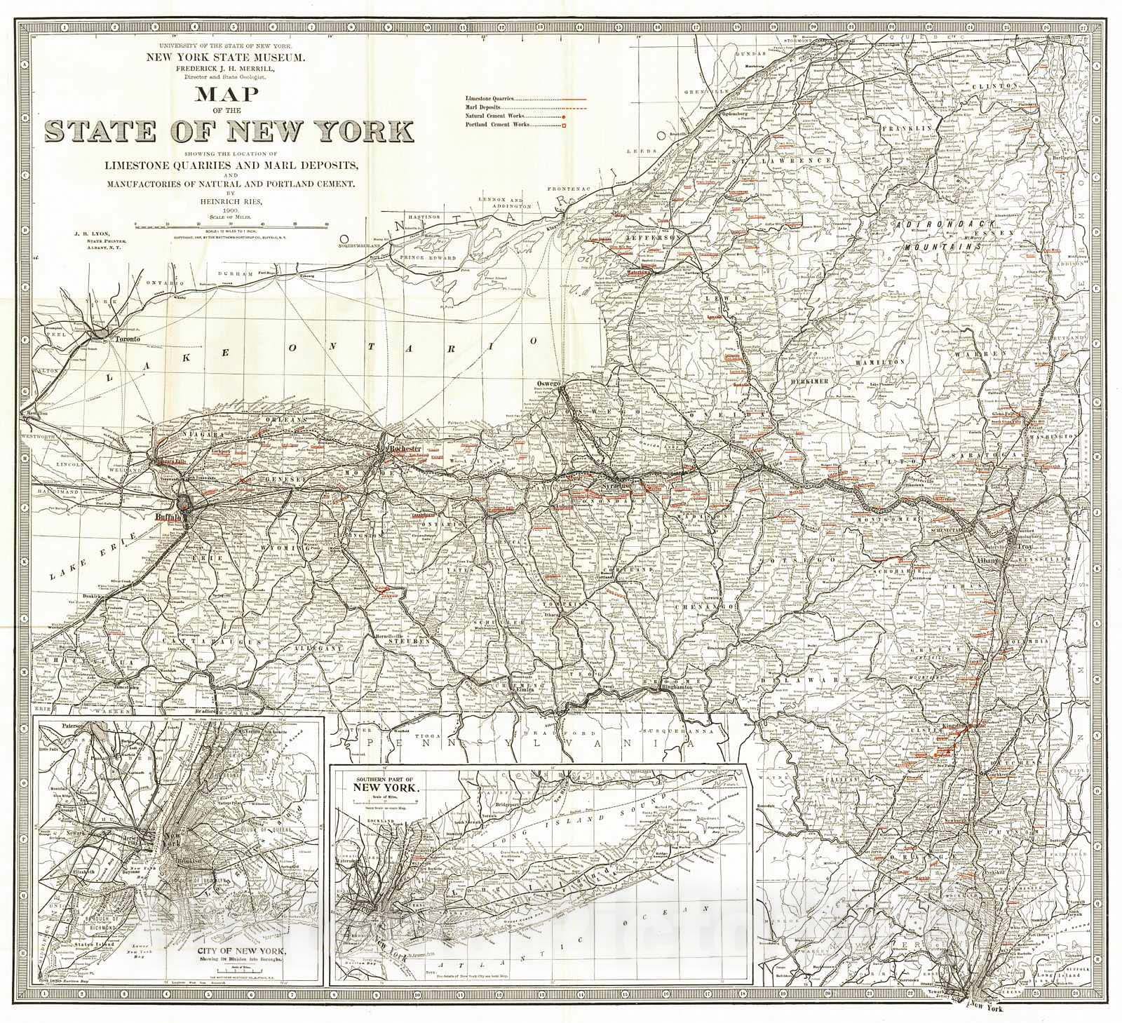 Historic Map : 1902 Map of the State of New York showing the location of Limestone Quarries and Marl Deposits : Vintage Wall Art