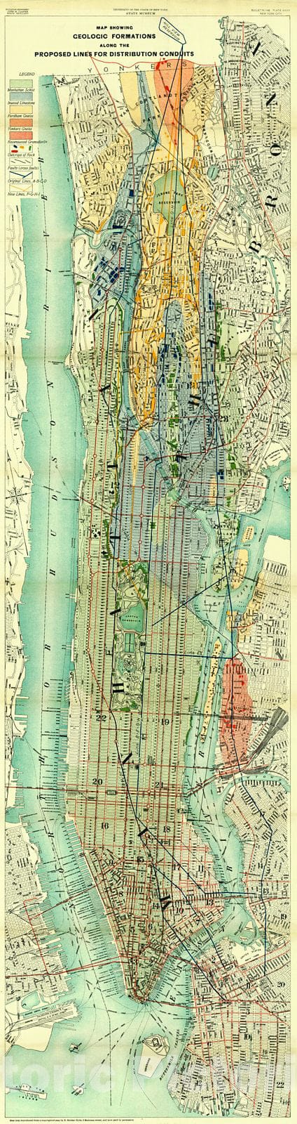 Historic Map : 1911 Map Showing Geologic Formations along the Proposed Lines for Distribution Conduits : Vintage Wall Art