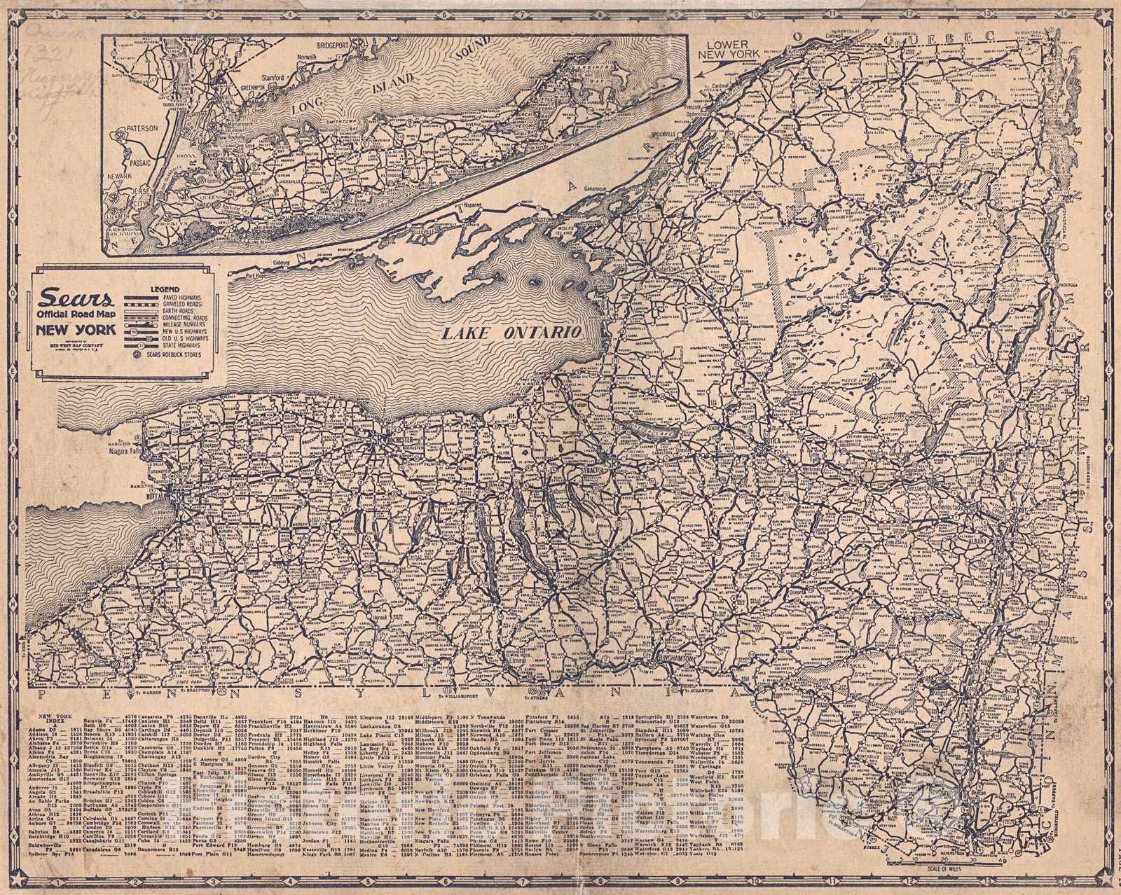 Historic Map : 1937 Sears Official Road Map, New York : Vintage Wall Art