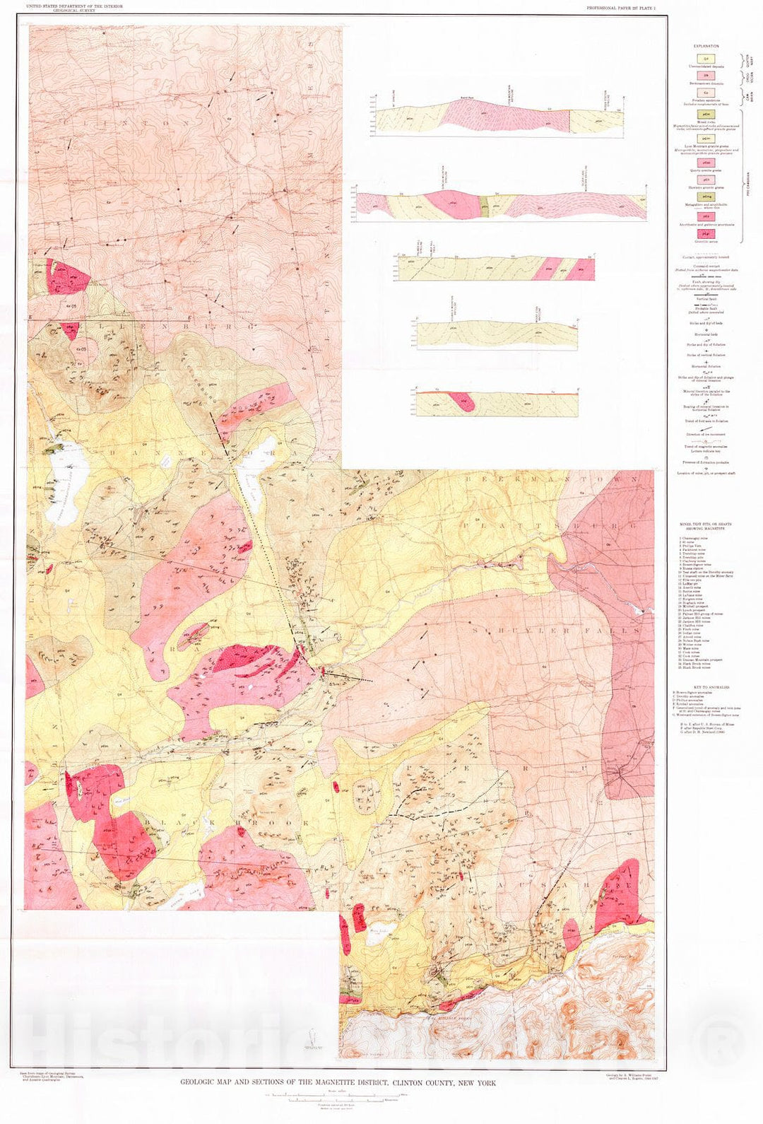 Historic Map : 1952 Geologic Map and Sections of the Magnetite District, Clinton County, New York : Vintage Wall Art