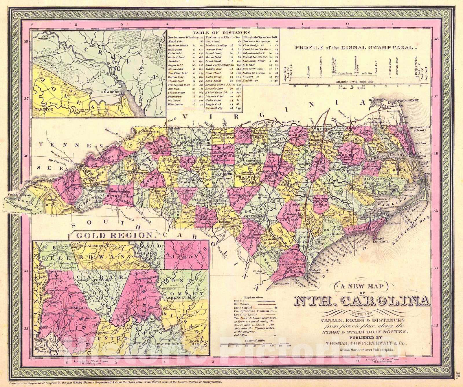 Historic Map : 1850 A New Map of North Carolina with its Canals, Roads, and Distances : Vintage Wall Art