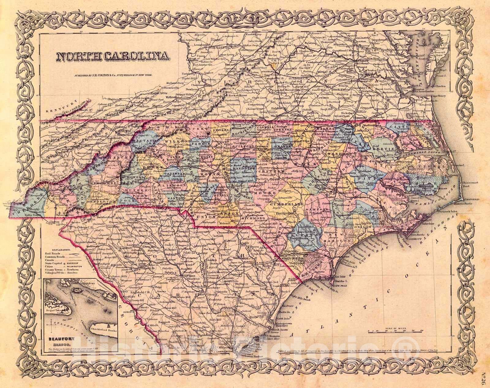 Historic Map : 1855 North Carolina : Vintage Wall Art