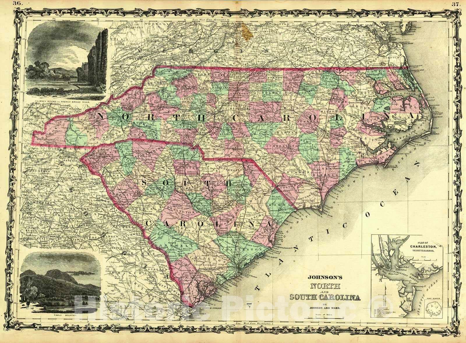 Historic Map : 1863 Johnson's North and South Carolina : Vintage Wall Art