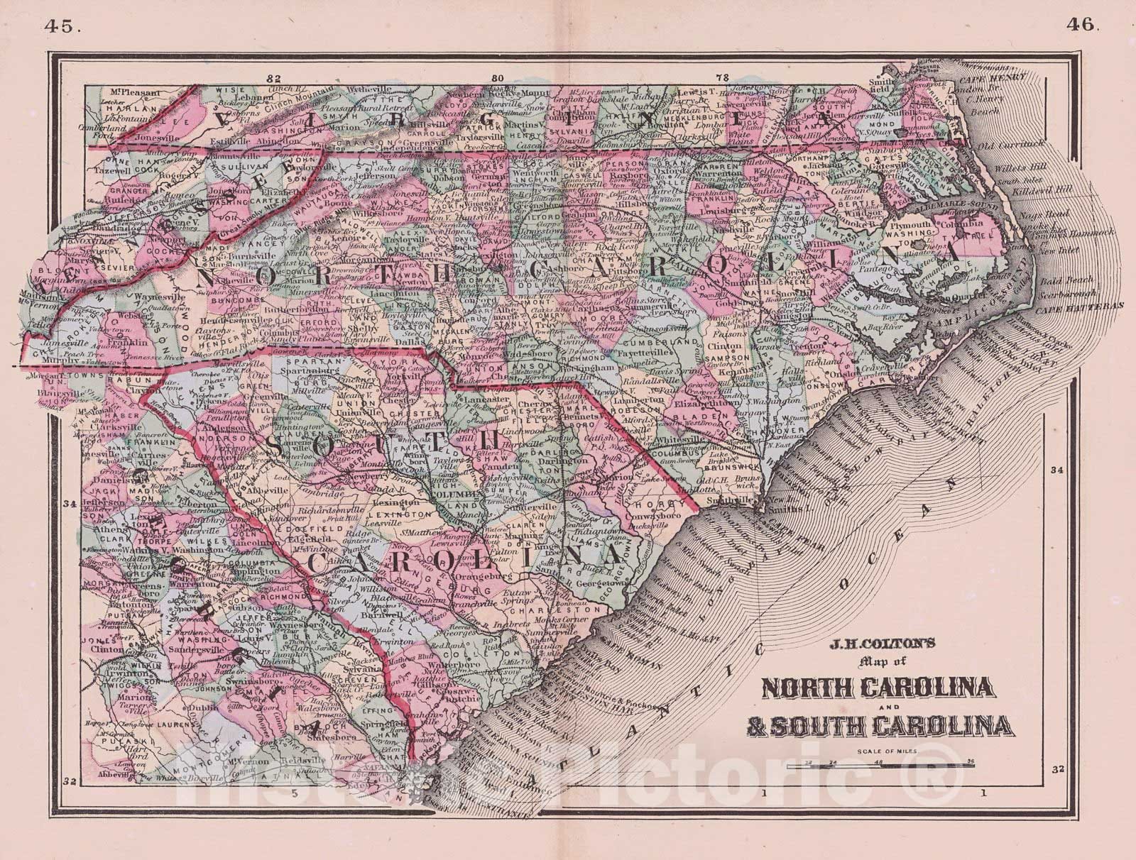 Historic Map : 1866 J. H. Colton's Map of North Carolina and South Carolina : Vintage Wall Art