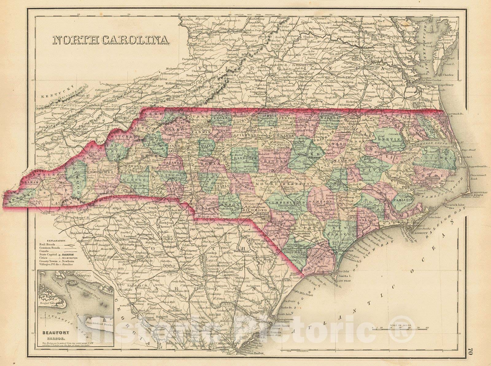 Historic Map : 1876 North Carolina : Vintage Wall Art