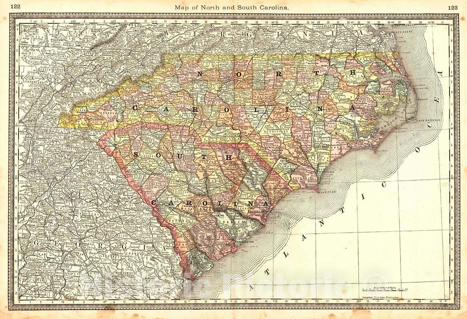 Historic Map : 1883 Map of North and South Carolina : Vintage Wall Art