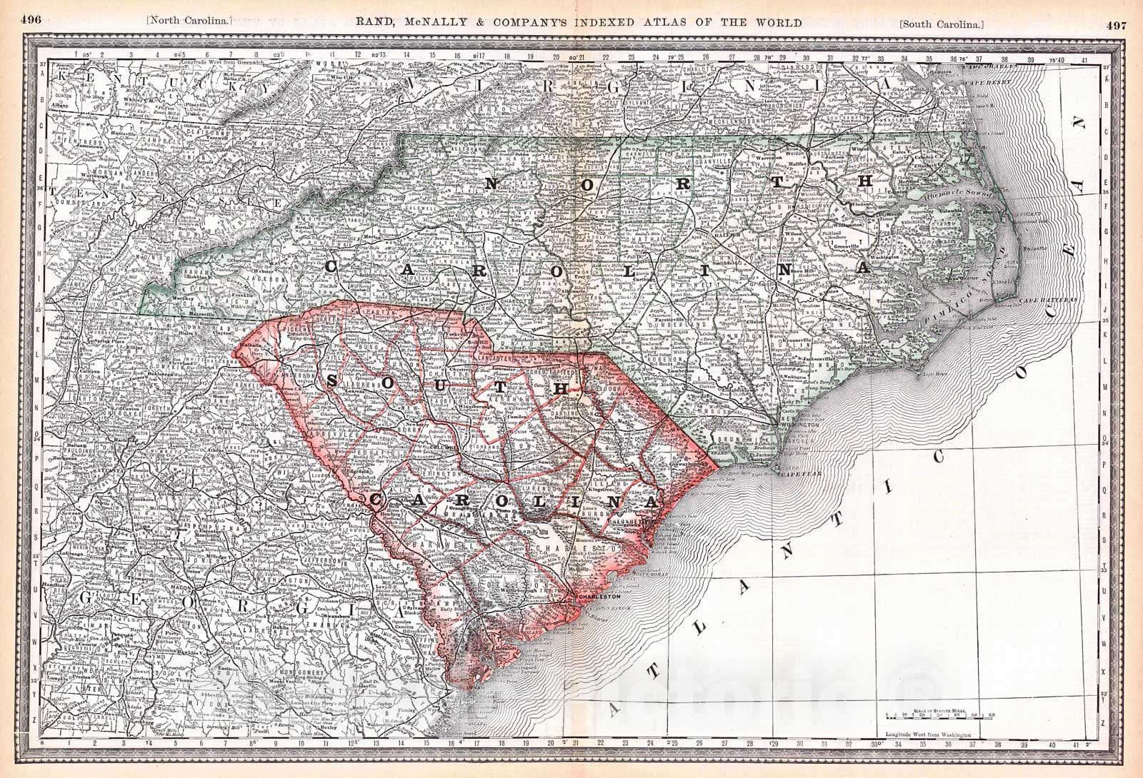 Historic Map : 1884 North & South Carolina : Vintage Wall Art
