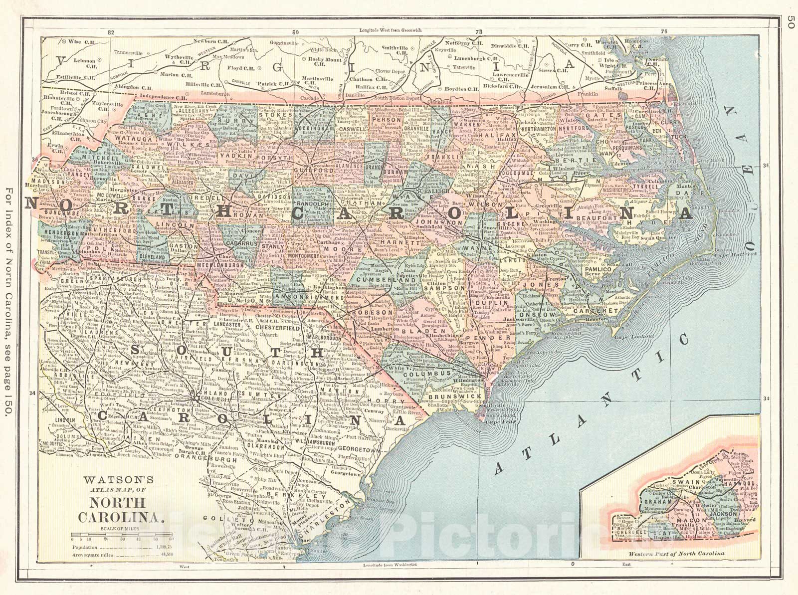 Historic Map : 1886 Watson's Atlas Map of North Carolina : Vintage Wall Art