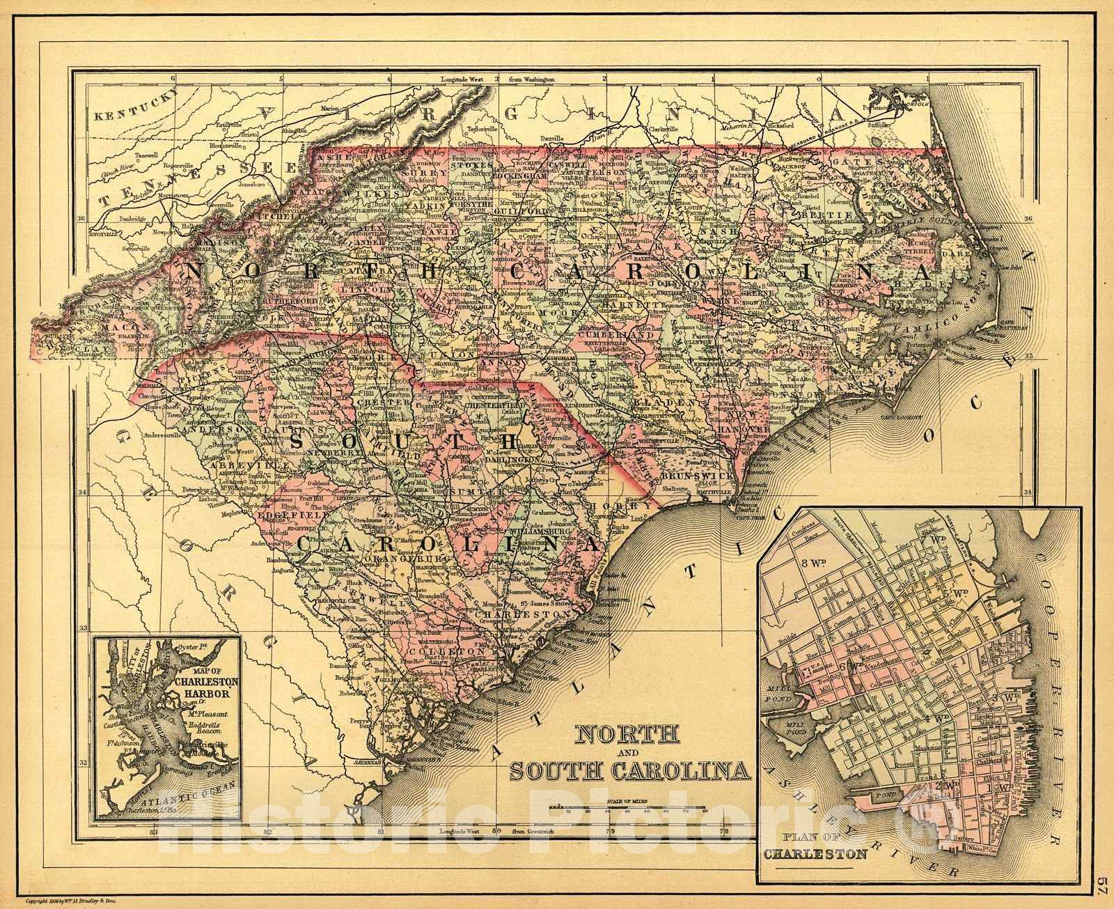 Historic Map : 1887 North and South Carolina : Vintage Wall Art