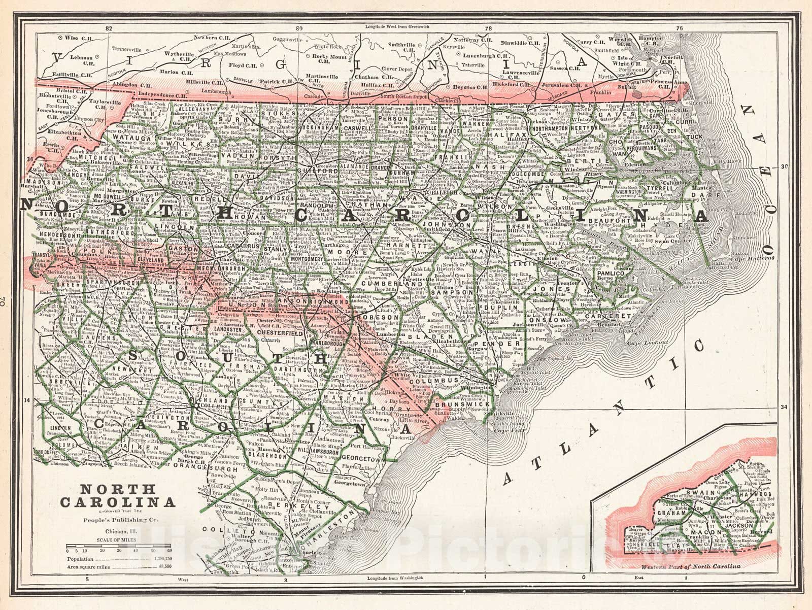 Historic Map : 1889 North Carolina : Vintage Wall Art