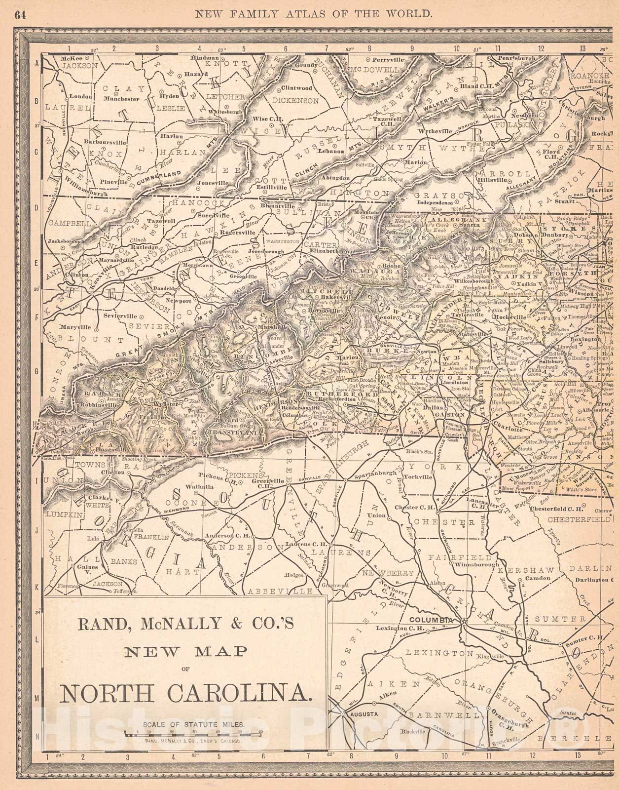 Historic Map : 1890 New Map of North Carolina : Vintage Wall Art