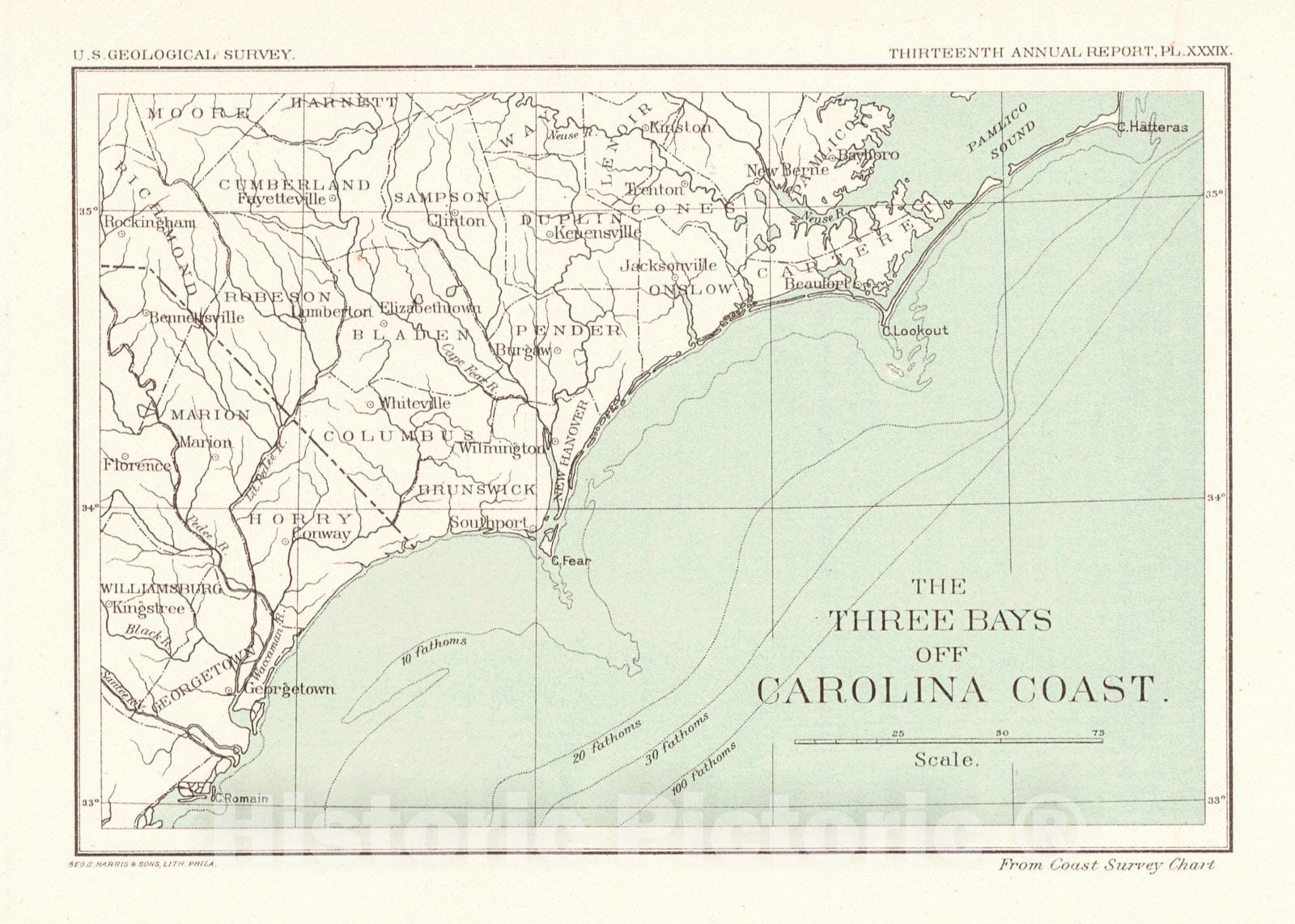 Historic Map : 1893 The Three Bays off Carolina Coast from Coast Survey Chart : Vintage Wall Art